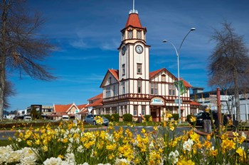 I-SITE Visitor Centre (Old Post Office) And Flowers, Rotorua, North Island, New Zealand by David Wall / Danita Delimont art print