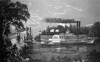 Steamboats Rounding A Bend On Mississippi River Parting Salute Currier &amp; Ives Lithograph 1866 by Vintage Images art print