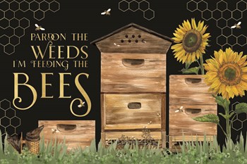 Honey Bees &amp; Flowers Please landscape on black I-Pardon the Weeds by Tara Reed art print