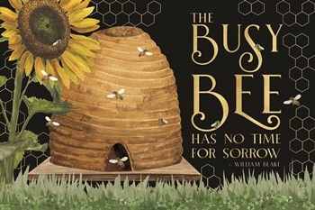 Honey Bees &amp; Flowers Please landscape on black II-Busy Bee by Tara Reed art print