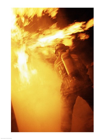 Fireman fighting with fire flames art print