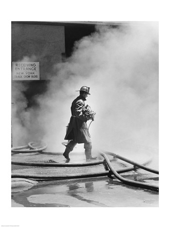 Firefighter walking in front of smoke art print