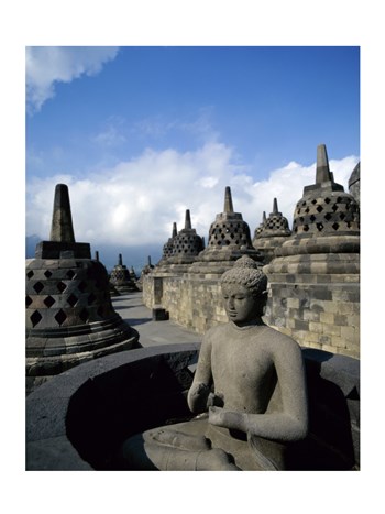 Buddha statue in front of a temple, Borobudur Temple, Java, Indonesia art print