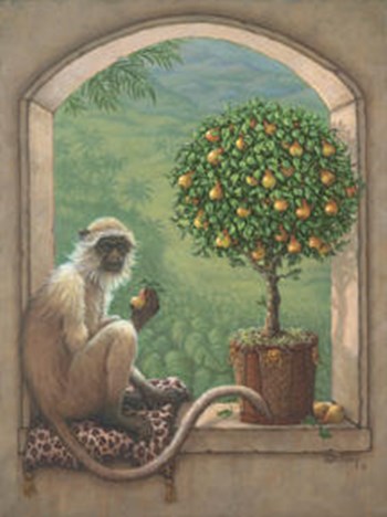 Monkey and Pear Tree by Janet Kruskamp art print