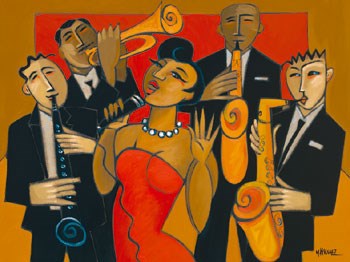 The Diva and her Horn Section by Marsha Hammel art print