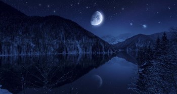 Moon rising over tranquil lake in the misty mountains against starry sky by Evgeny Kuklev/Stocktrek Images art print