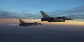 Two F-16&#39;s over Arizona before sunset by HIGH-G Productions/Stocktrek Images art print