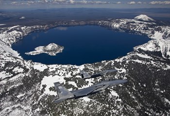 Two F-15 Eagles Fly over Crater Lake in Central Oregon by HIGH-G Productions/Stocktrek Images art print