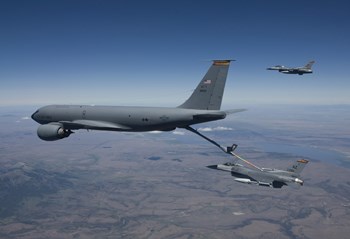 Two F-16 Fighting Falcons Conduct Aerial Refueling with KC-135 Stratotanker by HIGH-G Productions/Stocktrek Images art print