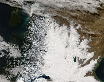 Ash Plume from Chaiten Volcano and Snow in Southern Chile and Argentina by Stocktrek Images art print