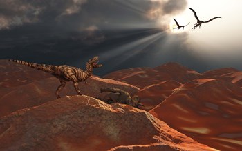 T Rex and Quetzalcoatlus Discover the Carcass of a Triceratops by Mark Stevenson/Stocktrek Images art print
