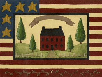 Red House With Flag Border by Debbie McMaster art print