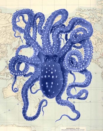 Blue Octopus 2 on Nautical Map by Fab Funky art print