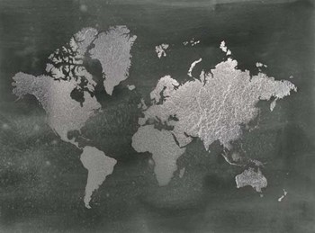 Large Silver Foil World Map on Black - Metallic Foil by Jennifer Goldberger art print