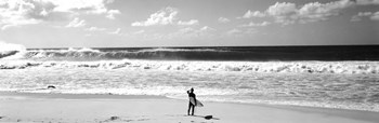 Surfer standing on the beach, North Shore, Oahu, Hawaii BW by Panoramic Images art print
