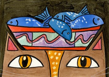 Kitty With Fish Bowl Hat by Wyanne art print