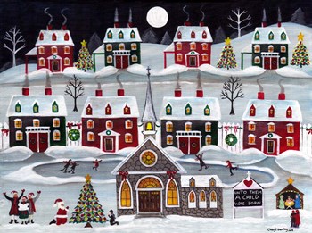A Child is Born Christmas Skating Village by Cheryl Bartley art print