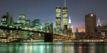 The Brooklyn Bridge and Twin Towers at Night by Barry Mancini art print