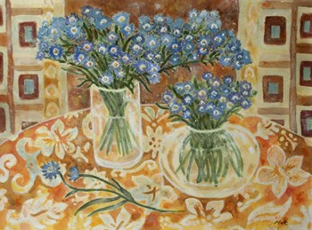 Blue Bouquet On A Gold Hawaiian Cloth by Lorraine Platt art print