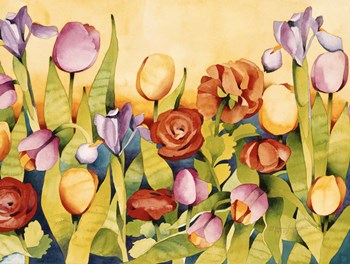 Iris &amp; Tulips/ Yellow Background by Mary Russel art print