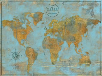 Rustic World Map Sky Blue by Marie-Elaine Cusson art print