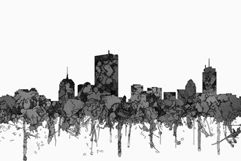 Boston Mass Skyline - Cartoon B&amp;W by Marlene Watson art print