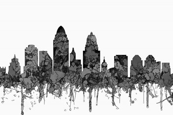 Cincinnati Ohio Skyline - Cartoon B&amp;W by Marlene Watson art print