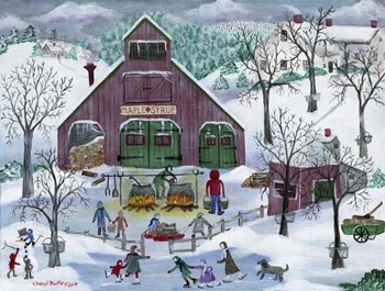 Snowy Maple Syrup Makers and Ice Skaters by Cheryl Bartley art print