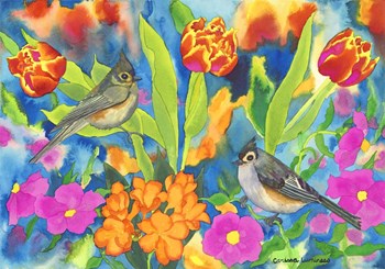 Titmouses and Tulips by Carissa Luminess art print