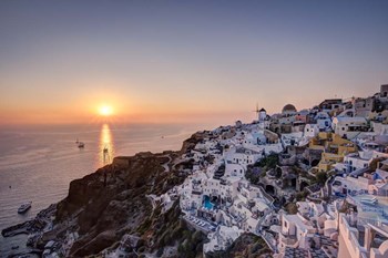 Ship Sailing into the Sunset in Oia Greece by Nick Jackson art print