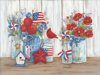 Patriotic Glass Jars with Flowers by Diane Kater art print